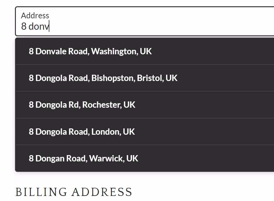WooCommerce checkout address field showing UK autocomplete suggestions