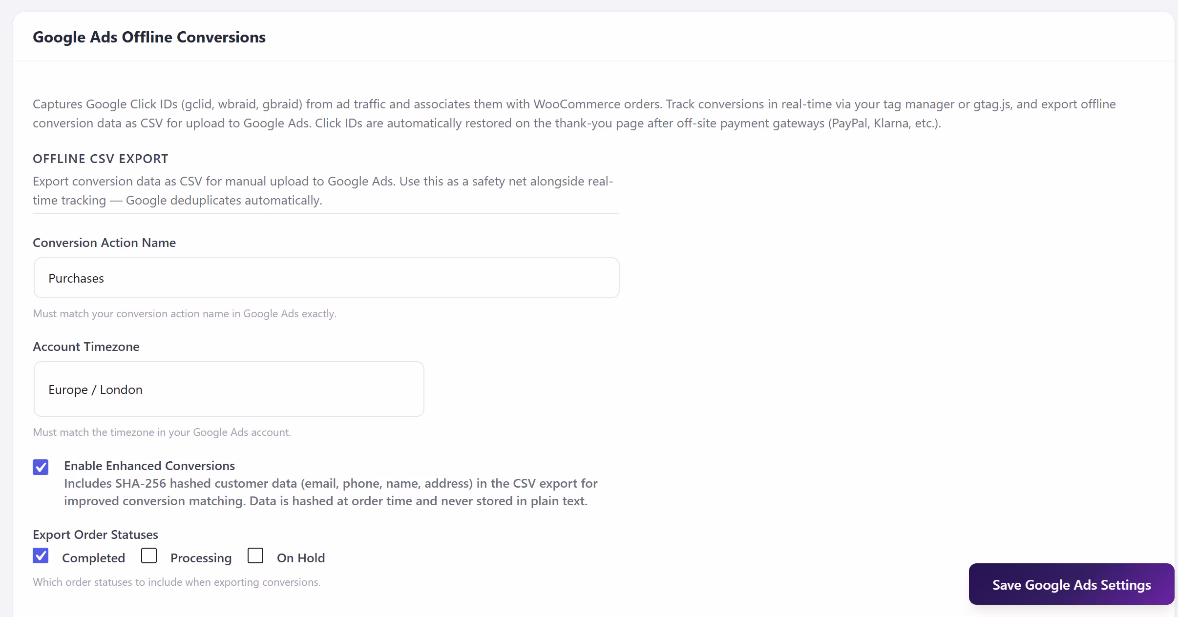 Convertivo Google Ads settings for offline conversion exports, click IDs, enhanced conversions, and order statuses
