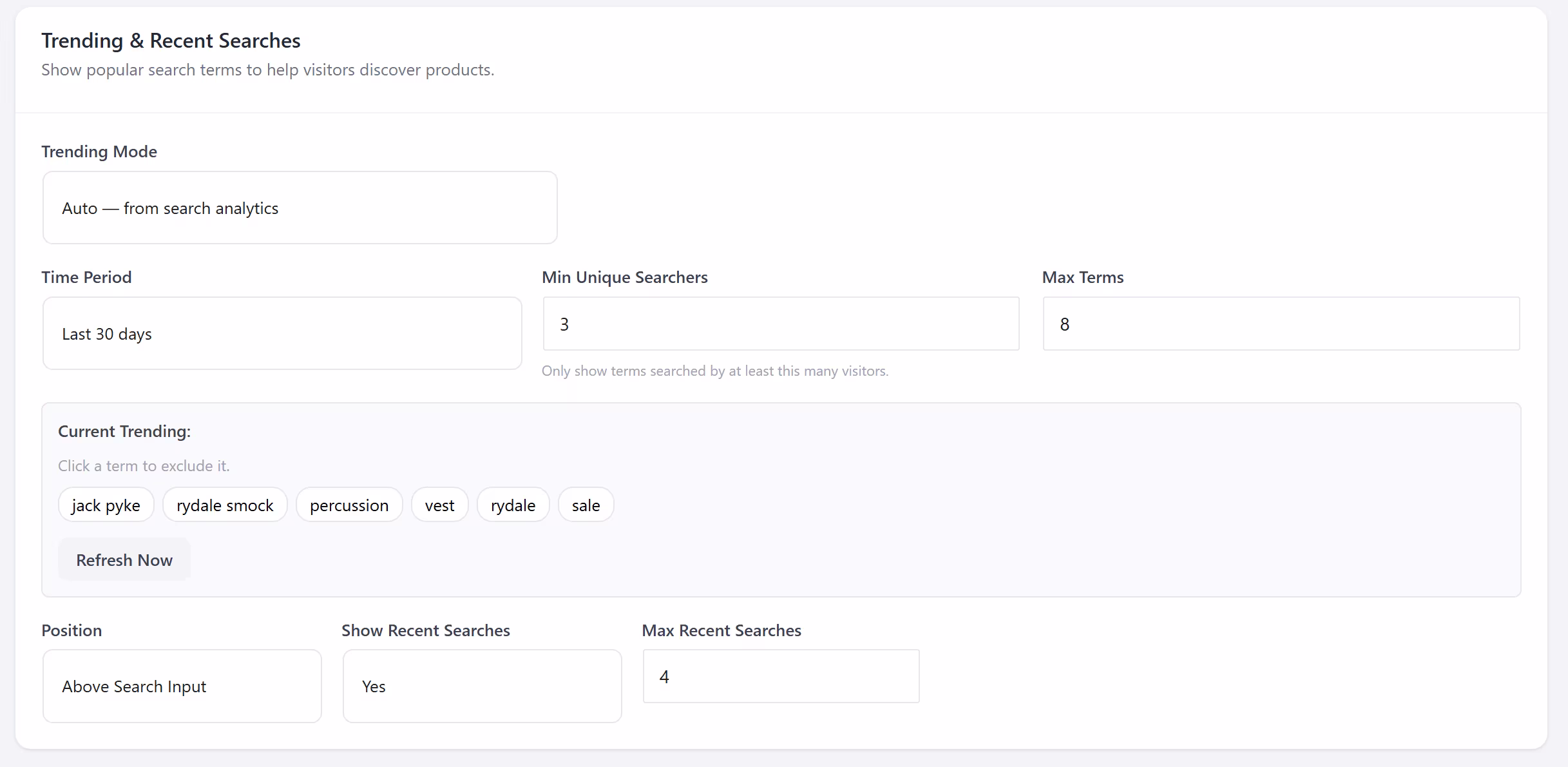 Live Search settings for analytics-driven trending terms and recent searches