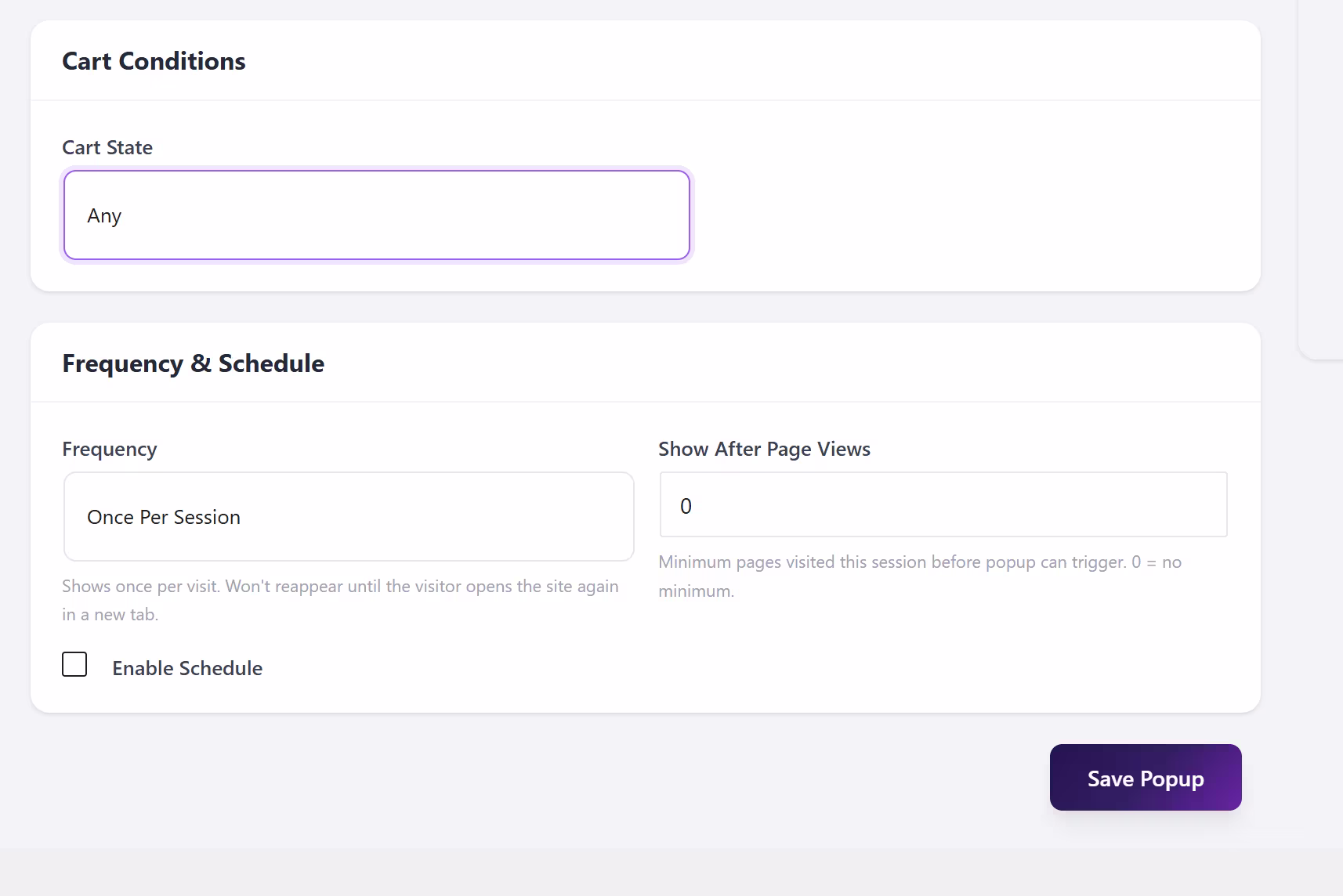 Popup settings for cart conditions, session frequency, page-view thresholds, and campaign scheduling