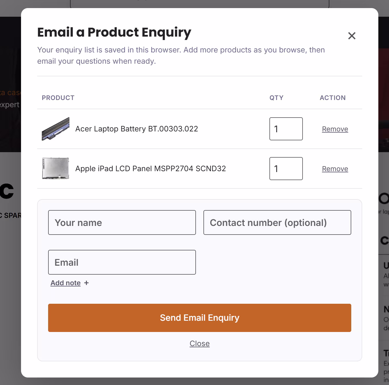Convertivo Product Enquiries email modal with saved products, quantities, contact fields, and send button